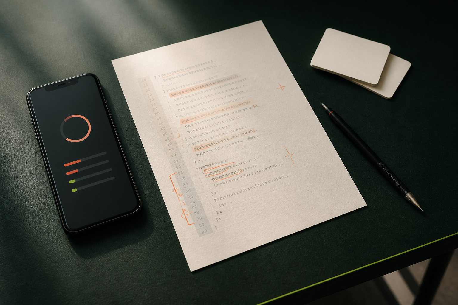 A mobile release desk with a phone, printed review notes, and a laptop